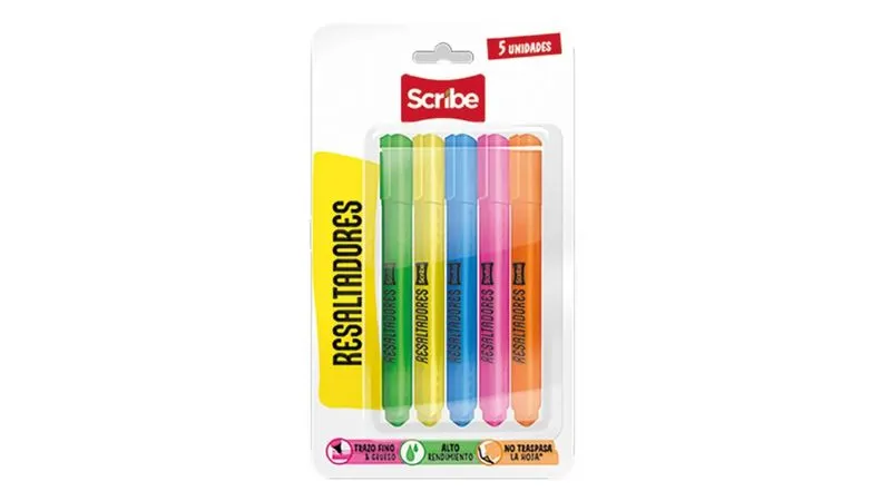RESALTADOR SCRIBE PAQUETE X5 DELGADO ENCARTONADO