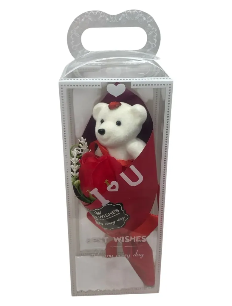 ADORNO ROSA CON OSO CAJA ACETATO LAZO